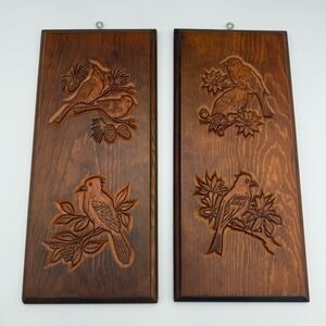 2 Vtg 60s Cape Craft Pine Early American Decor Wall Wood Carved Plaque w/ Birds